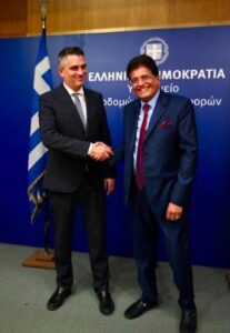 Read more about the article Συνάντηση του Υπουργού Υποδομών και Μεταφορών Χρίστου Δήμα με τον Ινδό Υπουργό Εμπορίου και Βιομηχανίας Piyush Goyal
